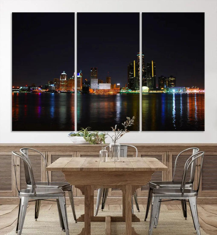 Detroit Night City Lights Reflections Skyline Wall Art Canvas Print