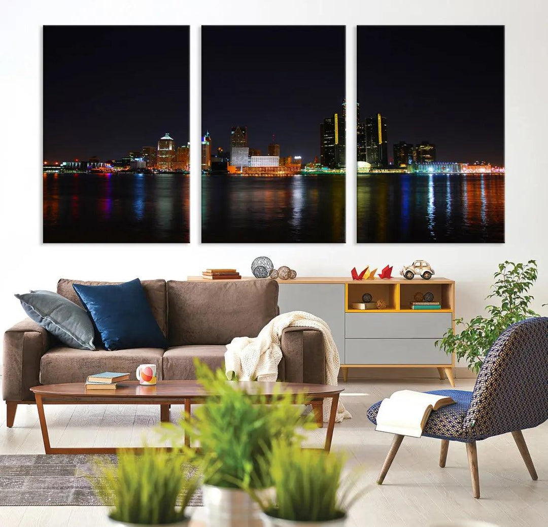 Detroit Night City Lights Reflections Skyline Wall Art Canvas Print