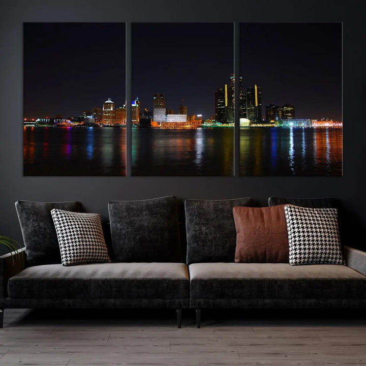 Detroit Night City Lights Reflections Skyline Wall Art Canvas Print