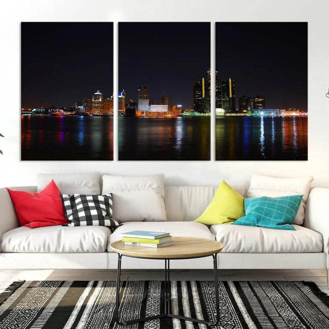 Detroit Night City Lights Reflections Skyline Wall Art Canvas Print