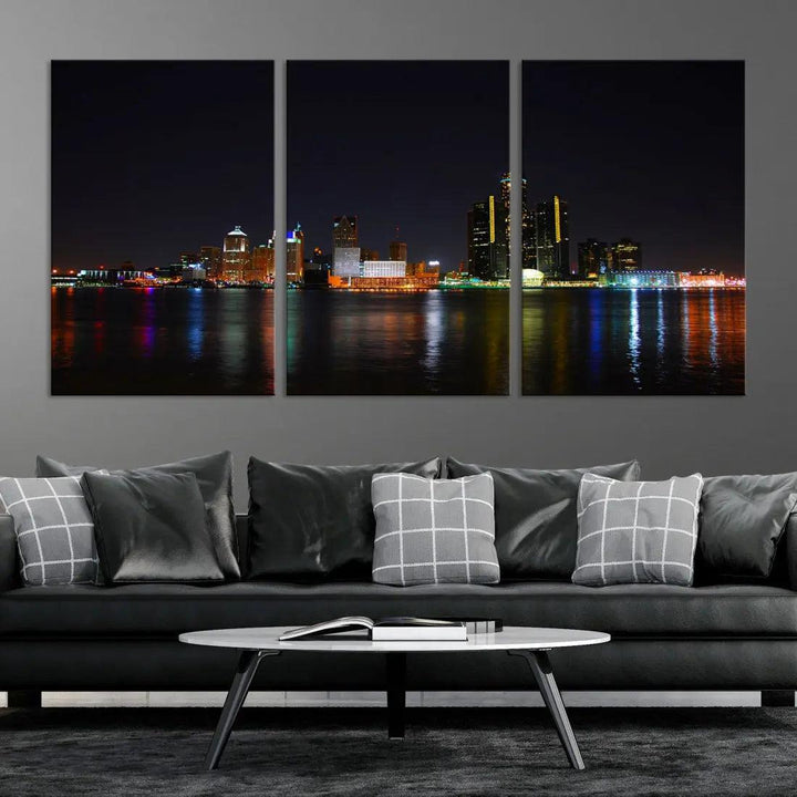 Detroit Night City Lights Reflections Skyline Wall Art Canvas Print