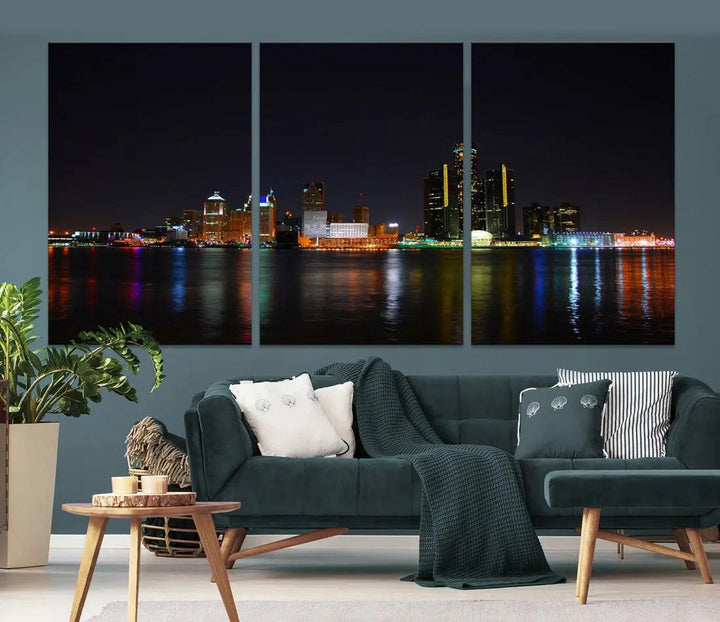 Detroit Night City Lights Reflections Skyline Wall Art Canvas Print