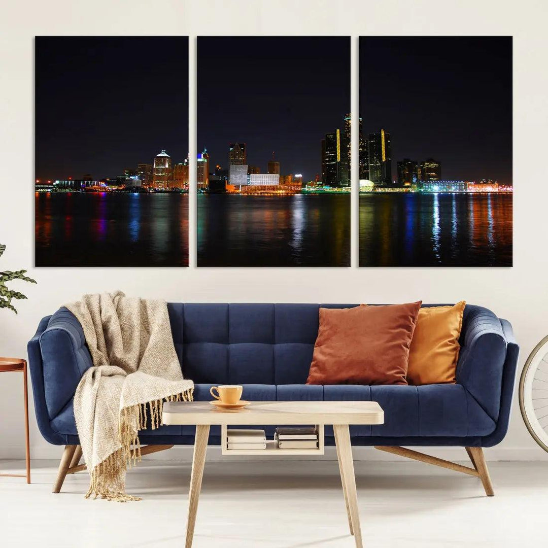 Detroit Night City Lights Reflections Skyline Wall Art Canvas Print