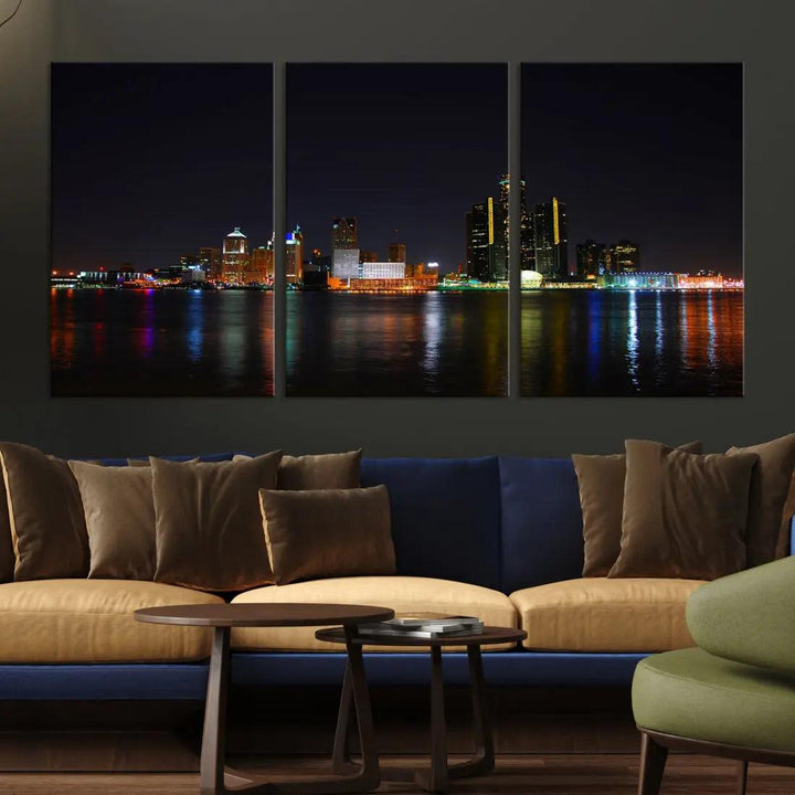 Detroit Night City Lights Reflections Skyline Wall Art Canvas Print