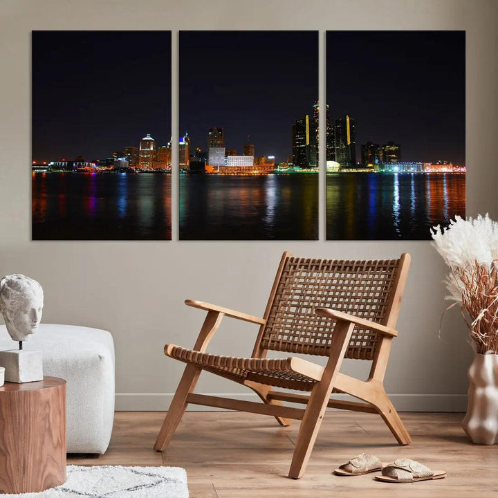 Detroit Night City Lights Reflections Skyline Wall Art Canvas Print