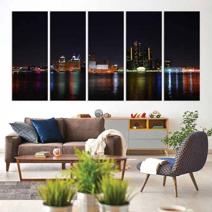 Detroit Night City Lights Reflections Skyline Wall Art Canvas Print