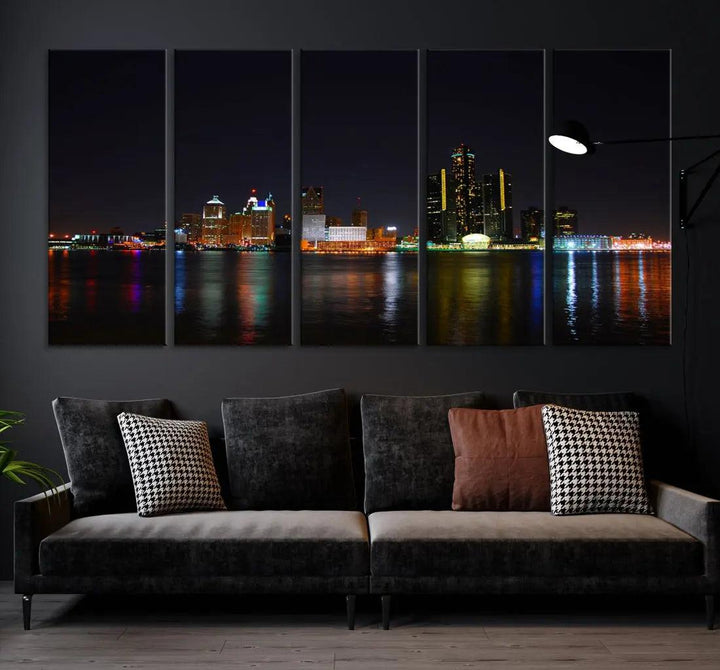 Detroit Night City Lights Reflections Skyline Wall Art Canvas Print