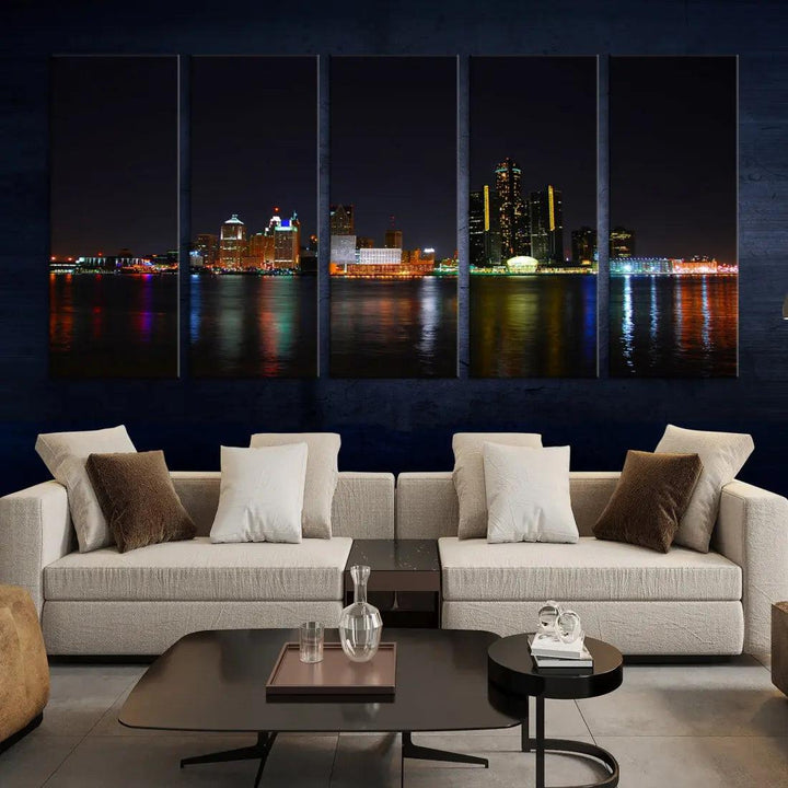 Detroit Night City Lights Reflections Skyline Wall Art Canvas Print