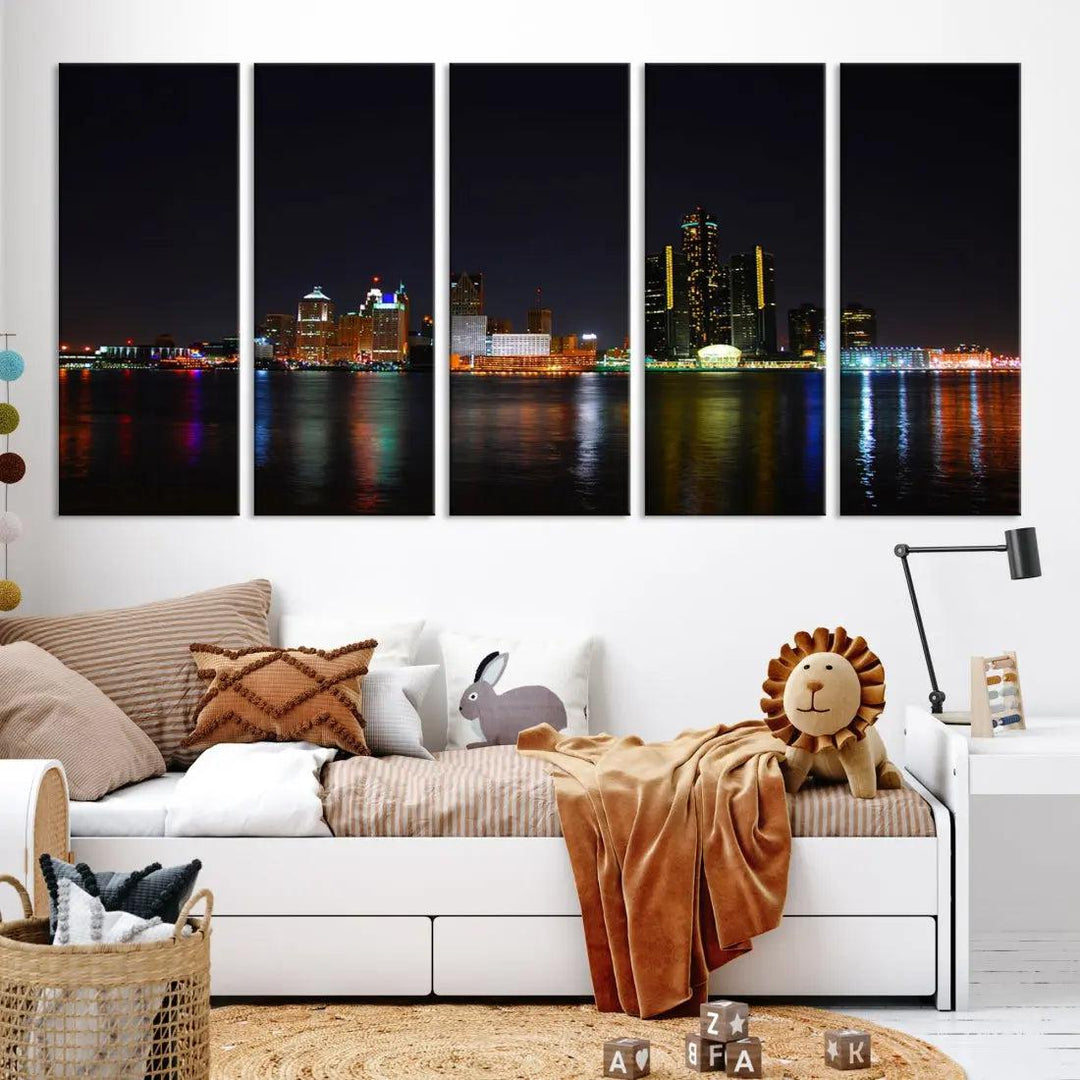 Detroit Night City Lights Reflections Skyline Wall Art Canvas Print