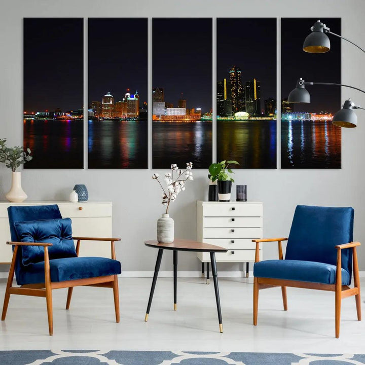 Detroit Night City Lights Reflections Skyline Wall Art Canvas Print