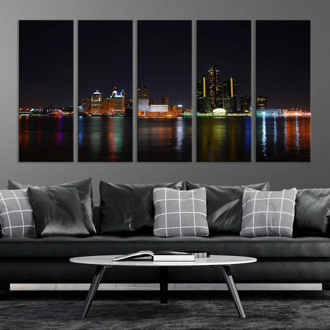 Detroit Night City Lights Reflections Skyline Wall Art Canvas Print