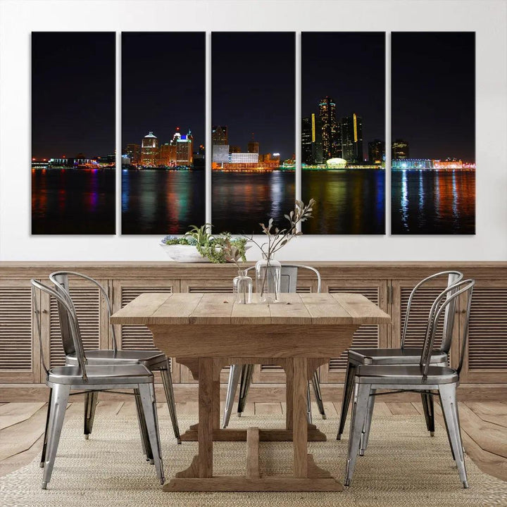 Detroit Night City Lights Reflections Skyline Wall Art Canvas Print