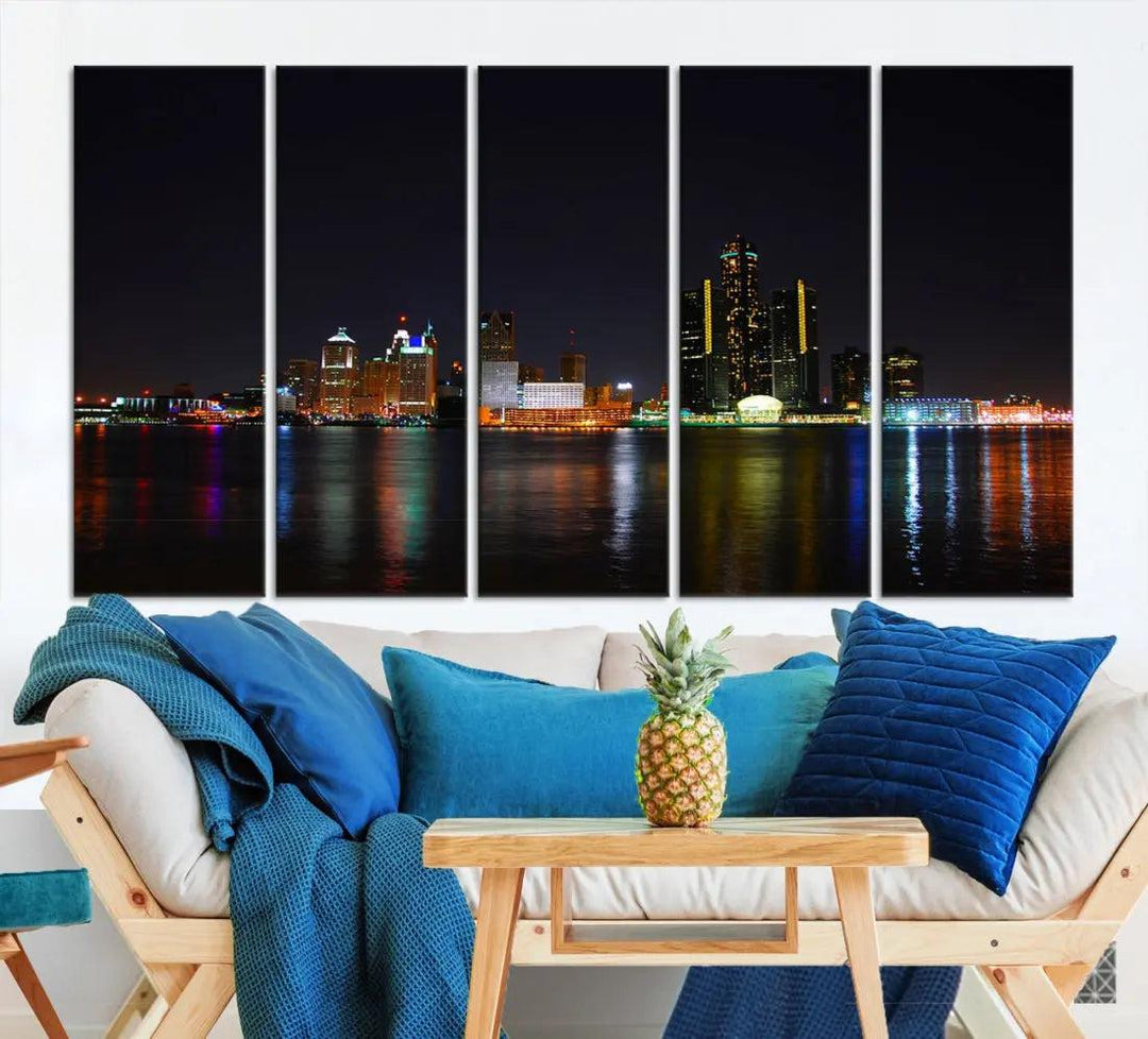 Detroit Night City Lights Reflections Skyline Wall Art Canvas Print