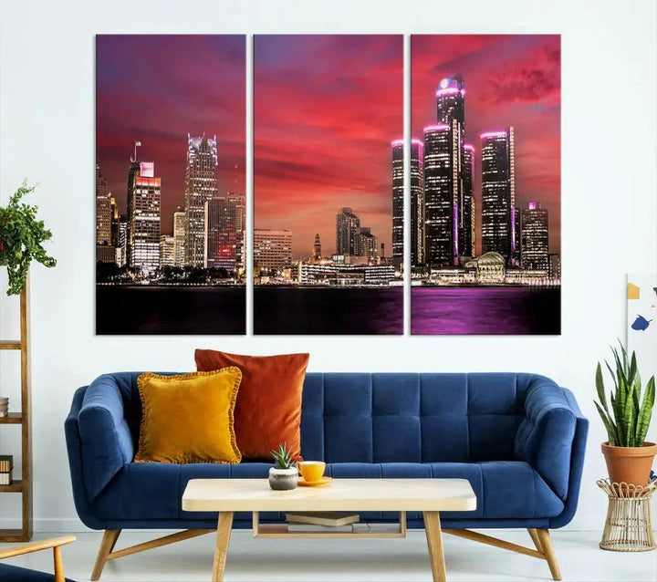 Detroit Red Purple Sky Sunset Skyline Cityscape Wall Art Canvas Print