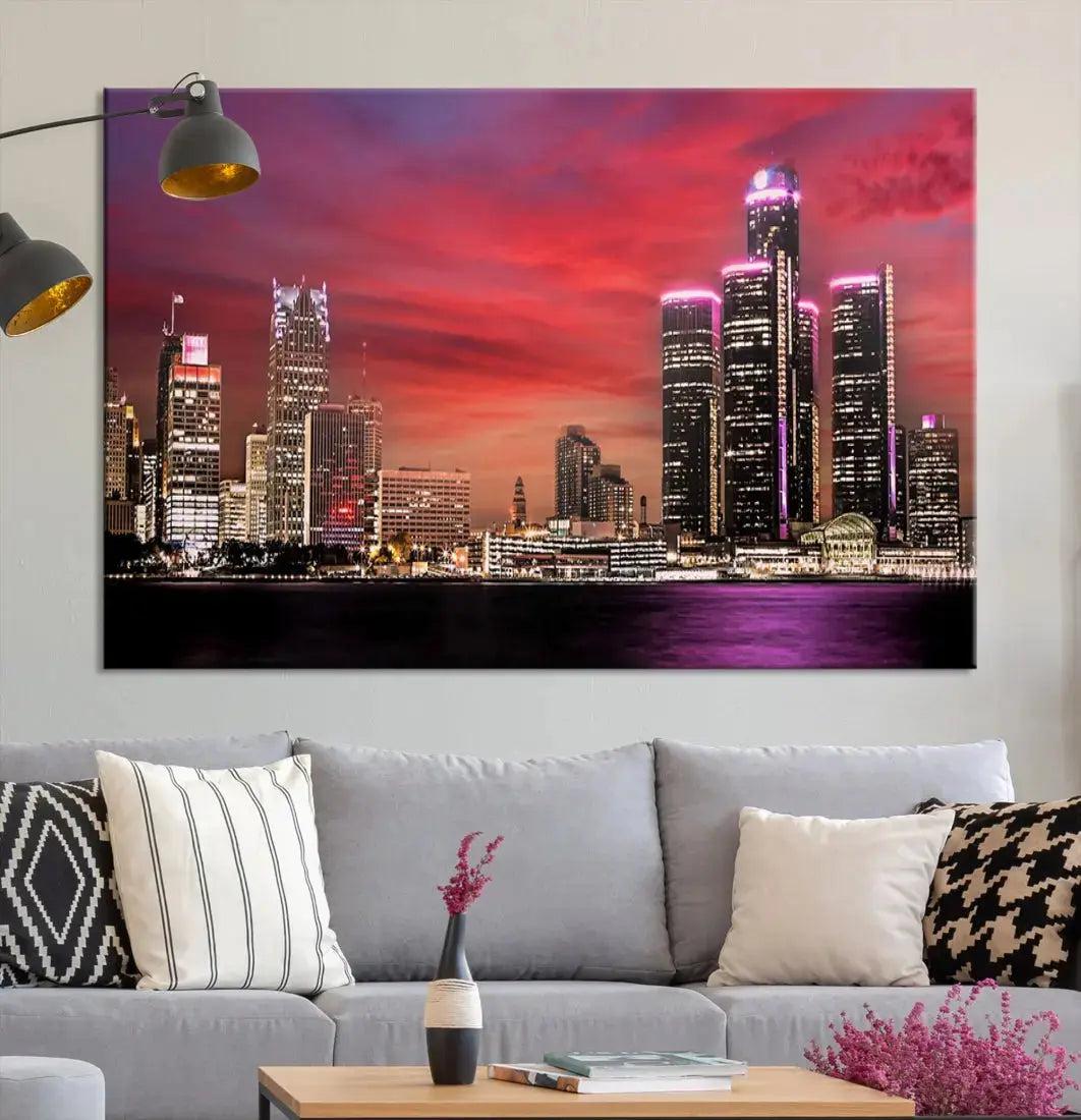 Detroit Red Purple Sky Sunset Skyline Cityscape Wall Art Canvas Print