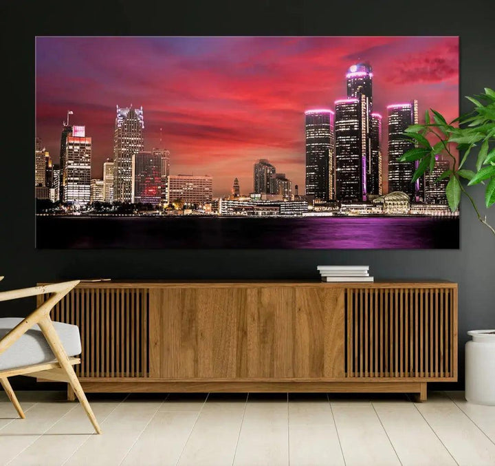 Detroit Red Purple Sky Sunset Skyline Cityscape Wall Art Canvas Print