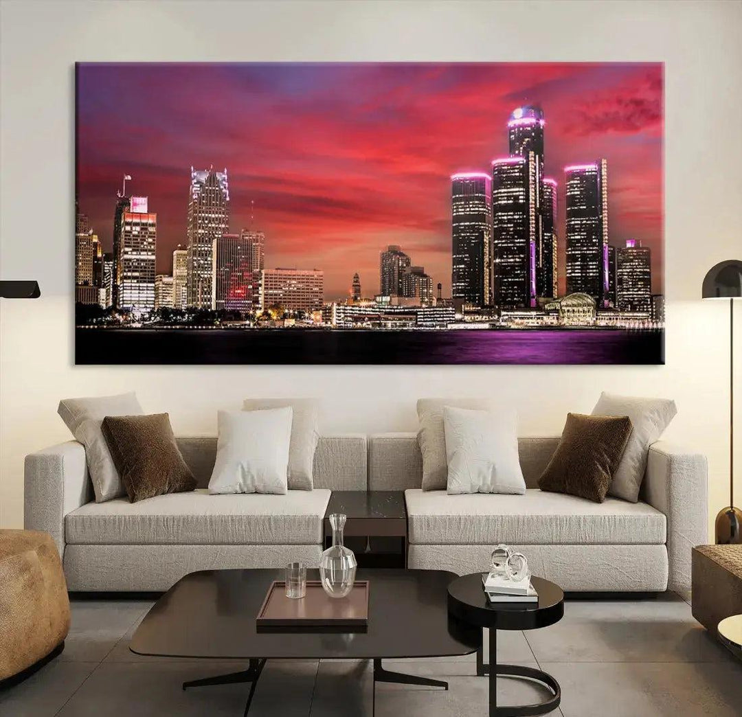 Detroit Red Purple Sky Sunset Skyline Cityscape Wall Art Canvas Print