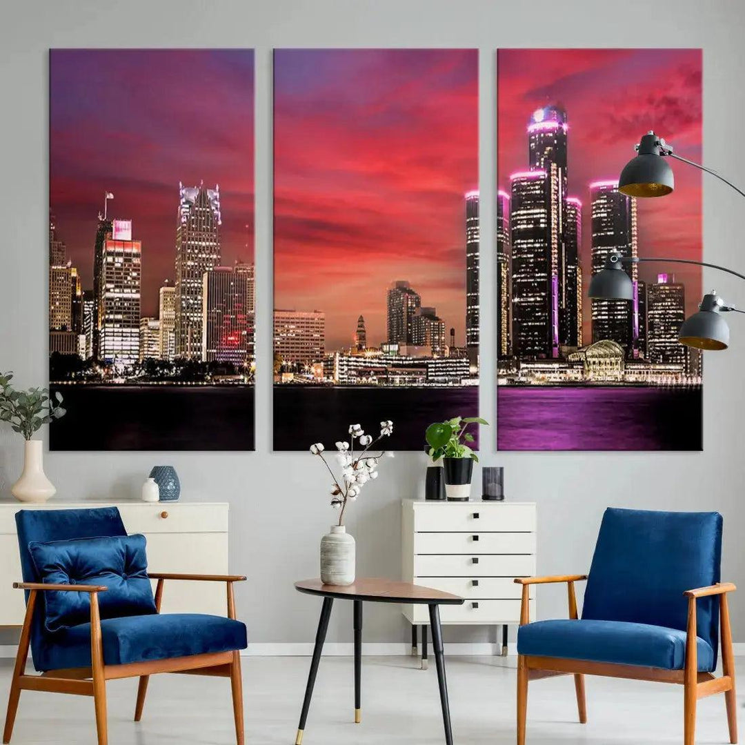 Detroit Red Purple Sky Sunset Skyline Cityscape Wall Art Canvas Print