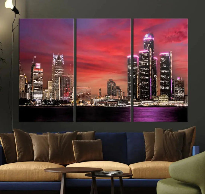 Detroit Red Purple Sky Sunset Skyline Cityscape Wall Art Canvas Print