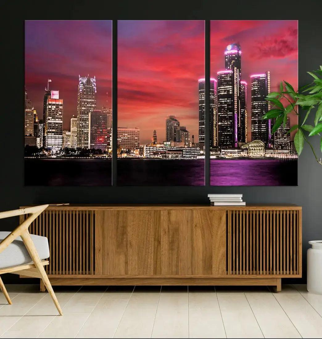 Detroit Red Purple Sky Sunset Skyline Cityscape Wall Art Canvas Print