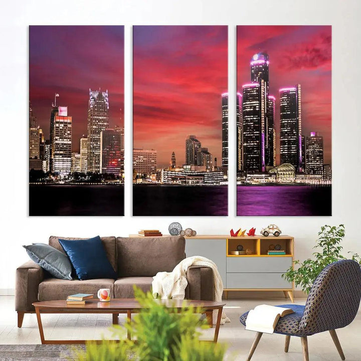 Detroit Red Purple Sky Sunset Skyline Cityscape Wall Art Canvas Print