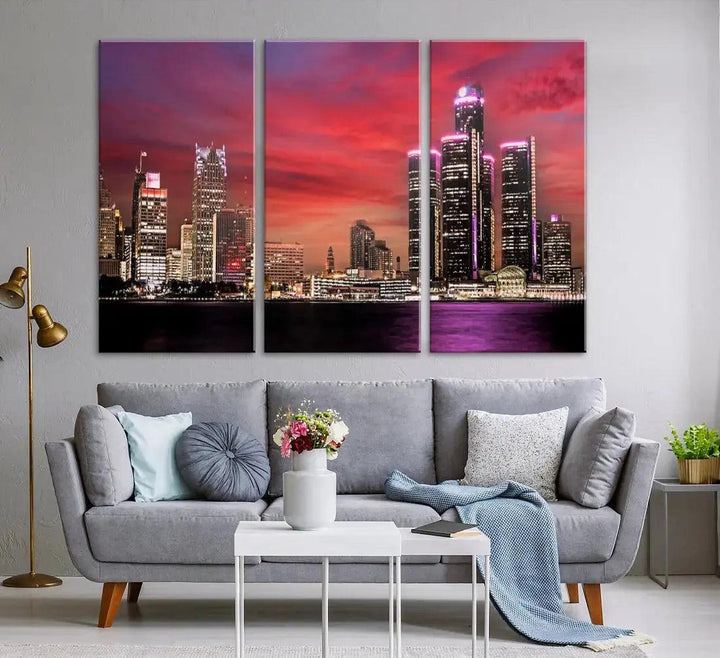 Detroit Red Purple Sky Sunset Skyline Cityscape Wall Art Canvas Print