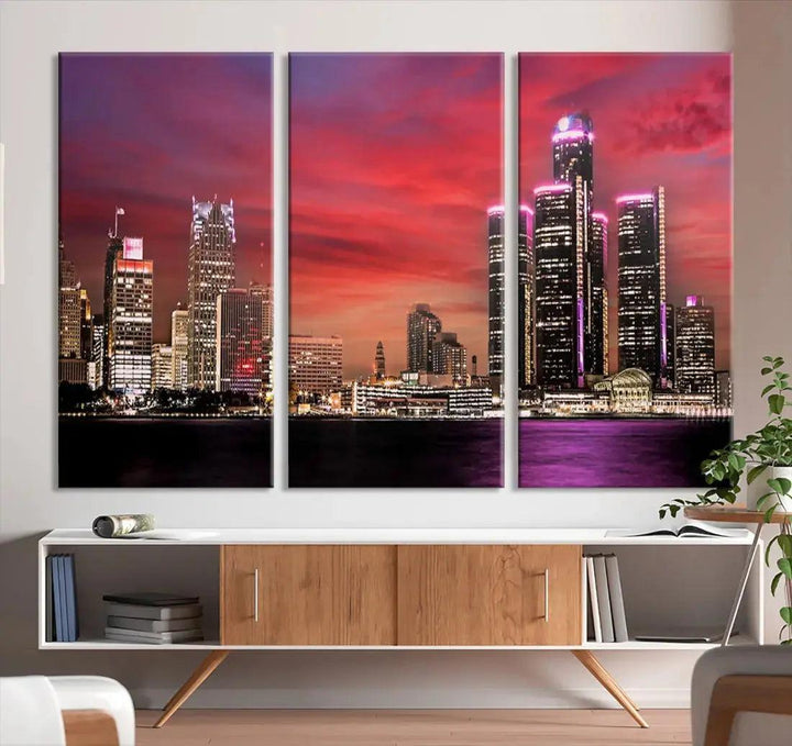 Detroit Red Purple Sky Sunset Skyline Cityscape Wall Art Canvas Print