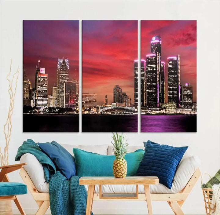 Detroit Red Purple Sky Sunset Skyline Cityscape Wall Art Canvas Print