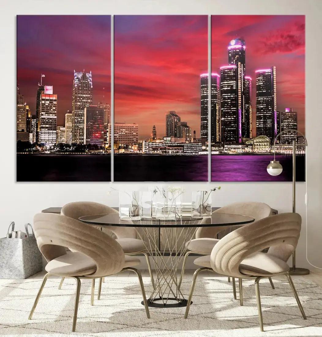 Detroit Red Purple Sky Sunset Skyline Cityscape Wall Art Canvas Print