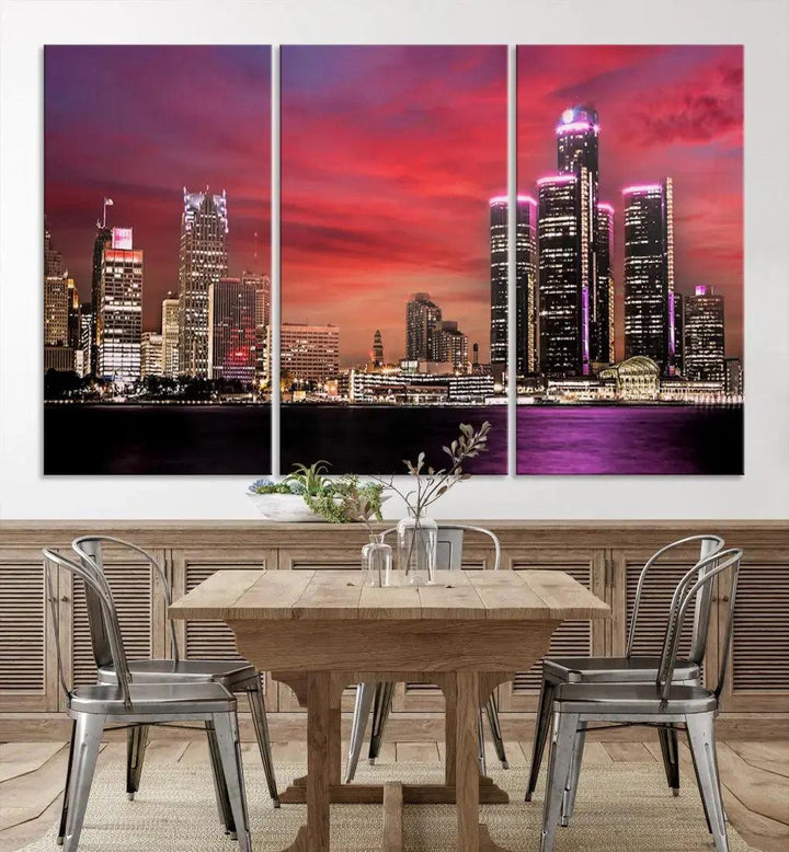 Detroit Red Purple Sky Sunset Skyline Cityscape Wall Art Canvas Print