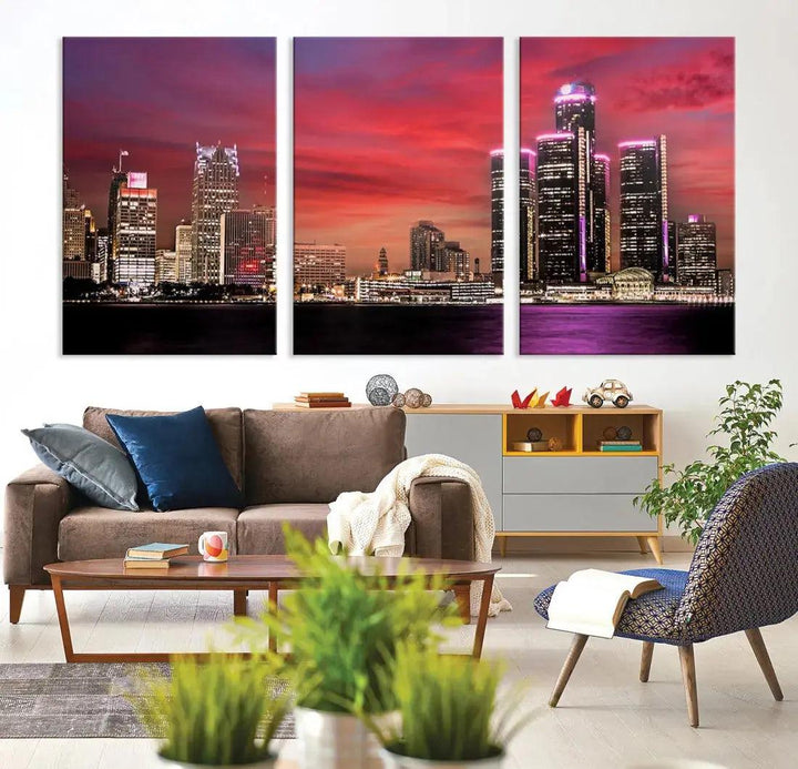 Detroit Red Purple Sky Sunset Skyline Cityscape Wall Art Canvas Print