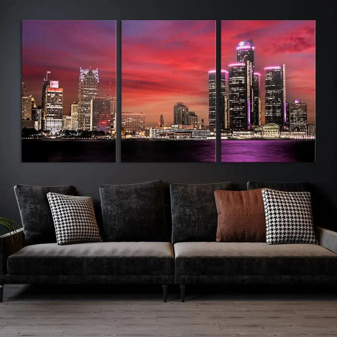 Detroit Red Purple Sky Sunset Skyline Cityscape Wall Art Canvas Print