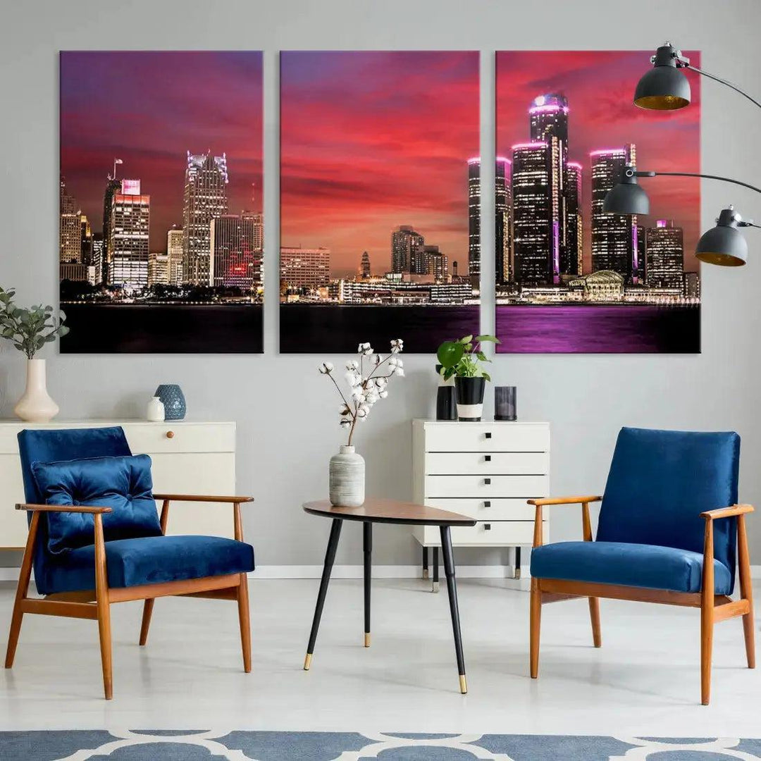 Detroit Red Purple Sky Sunset Skyline Cityscape Wall Art Canvas Print