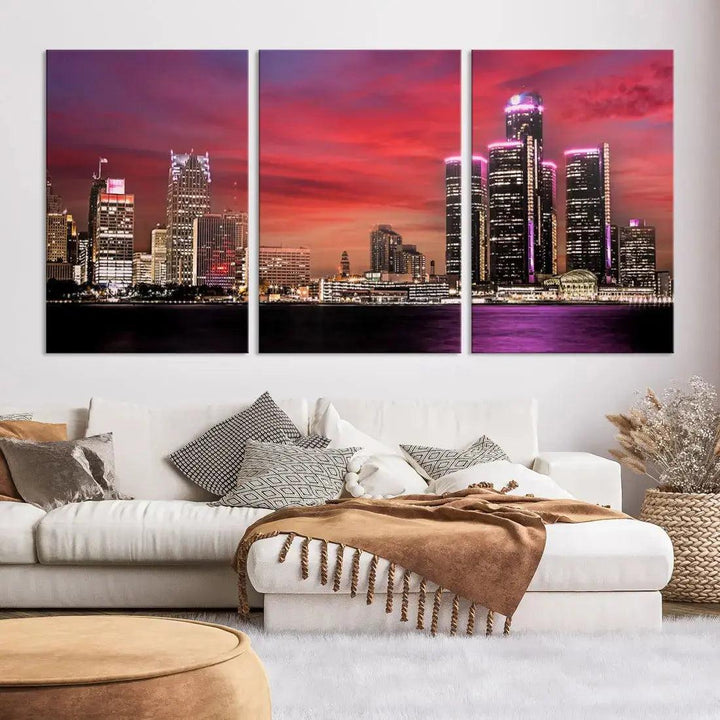 Detroit Red Purple Sky Sunset Skyline Cityscape Wall Art Canvas Print