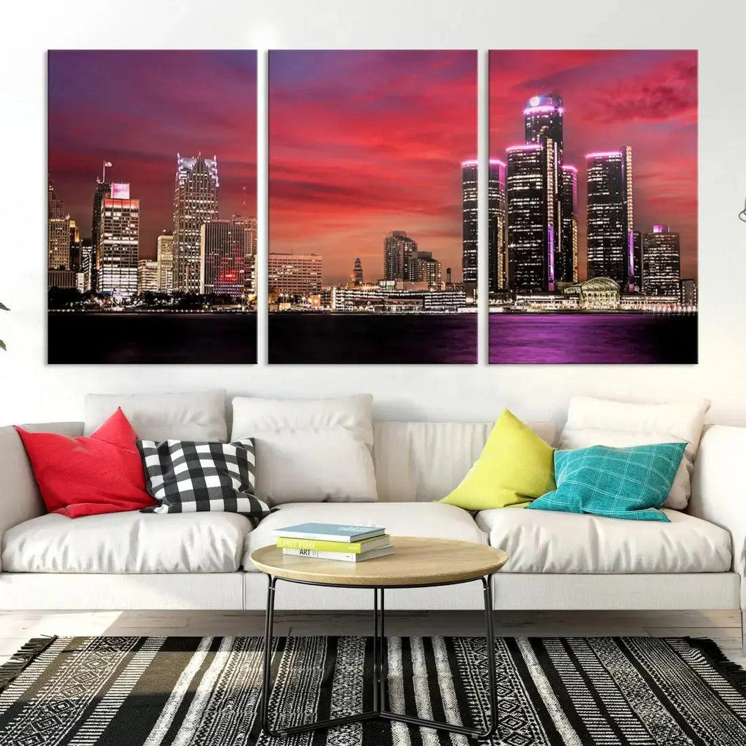 Detroit Red Purple Sky Sunset Skyline Cityscape Wall Art Canvas Print