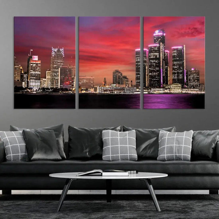 Detroit Red Purple Sky Sunset Skyline Cityscape Wall Art Canvas Print