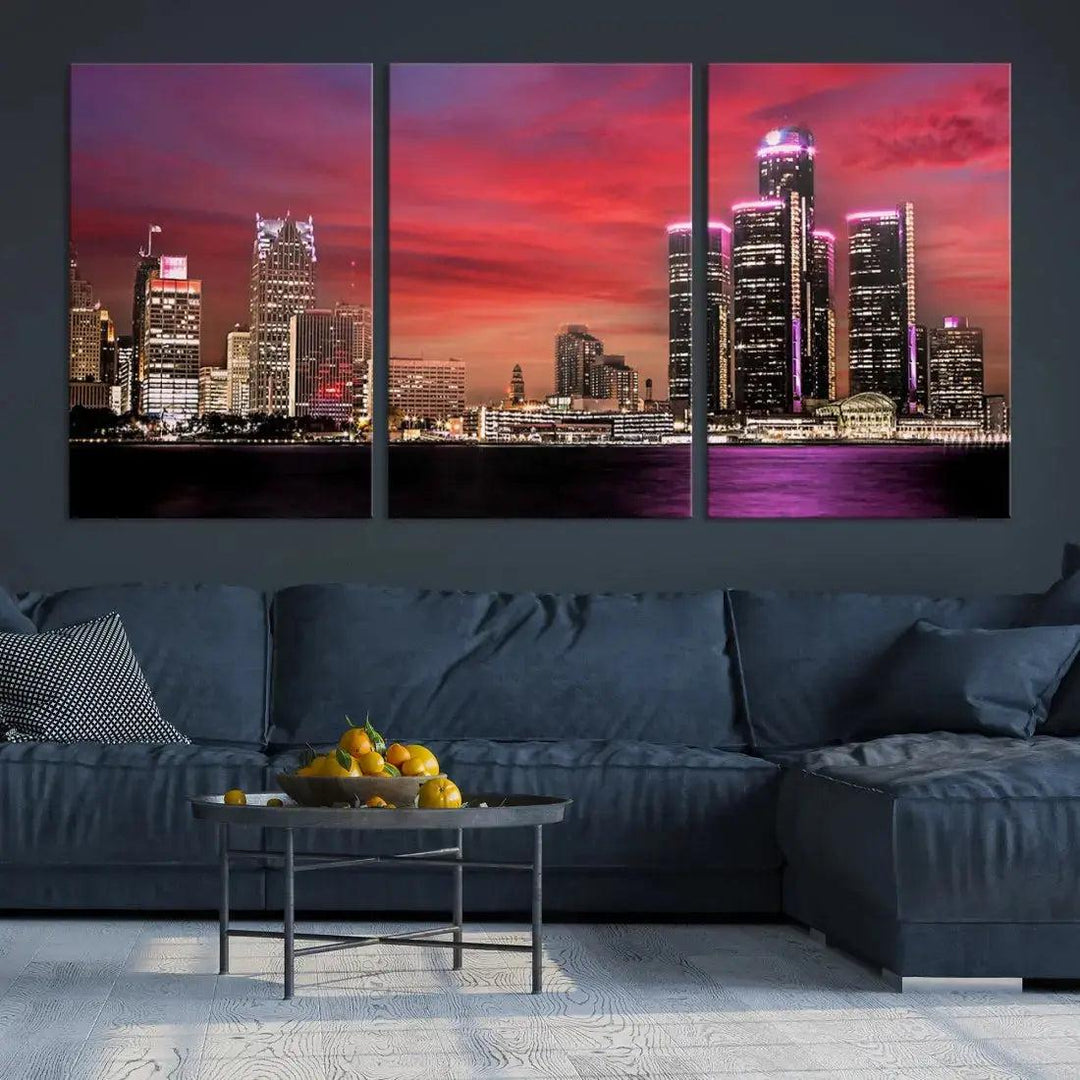 Detroit Red Purple Sky Sunset Skyline Cityscape Wall Art Canvas Print