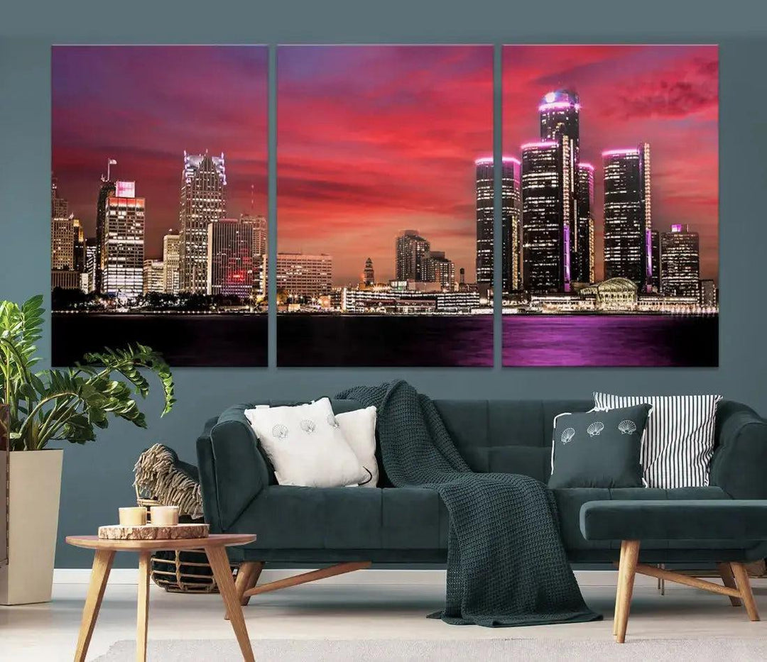 Detroit Red Purple Sky Sunset Skyline Cityscape Wall Art Canvas Print