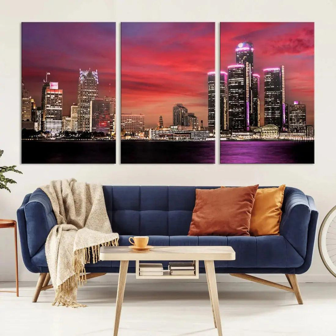 Detroit Red Purple Sky Sunset Skyline Cityscape Wall Art Canvas Print