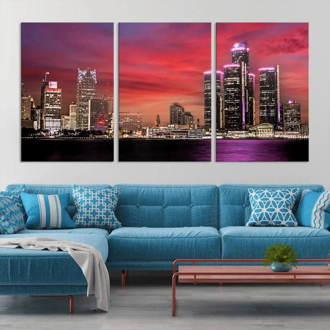 Detroit Red Purple Sky Sunset Skyline Cityscape Wall Art Canvas Print