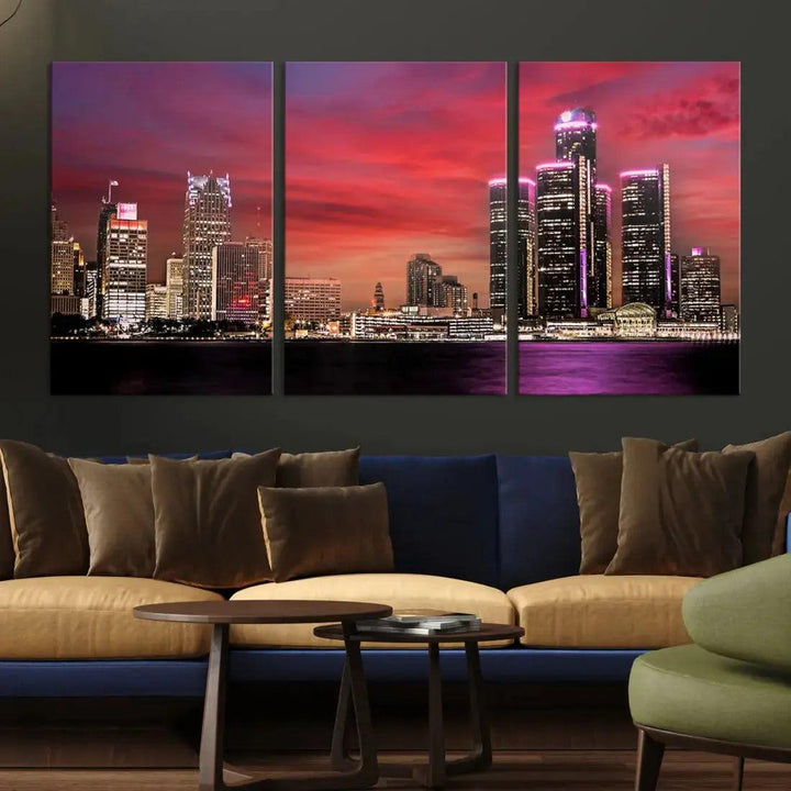 Detroit Red Purple Sky Sunset Skyline Cityscape Wall Art Canvas Print