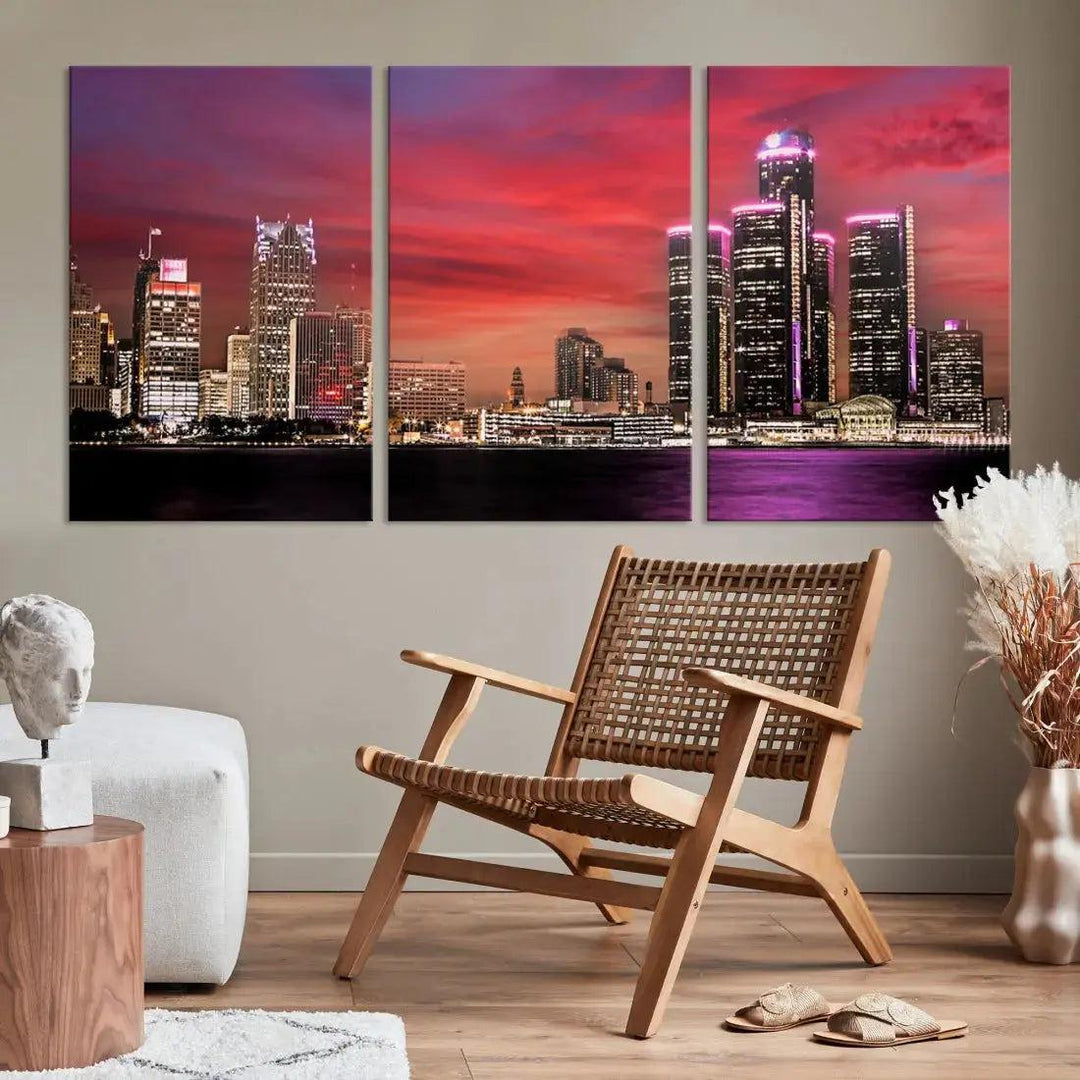 Detroit Red Purple Sky Sunset Skyline Cityscape Wall Art Canvas Print