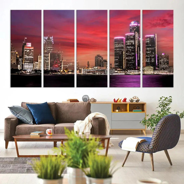 Detroit Red Purple Sky Sunset Skyline Cityscape Wall Art Canvas Print