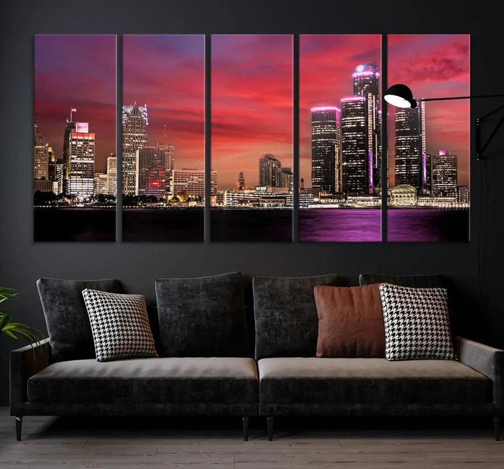 Detroit Red Purple Sky Sunset Skyline Cityscape Wall Art Canvas Print