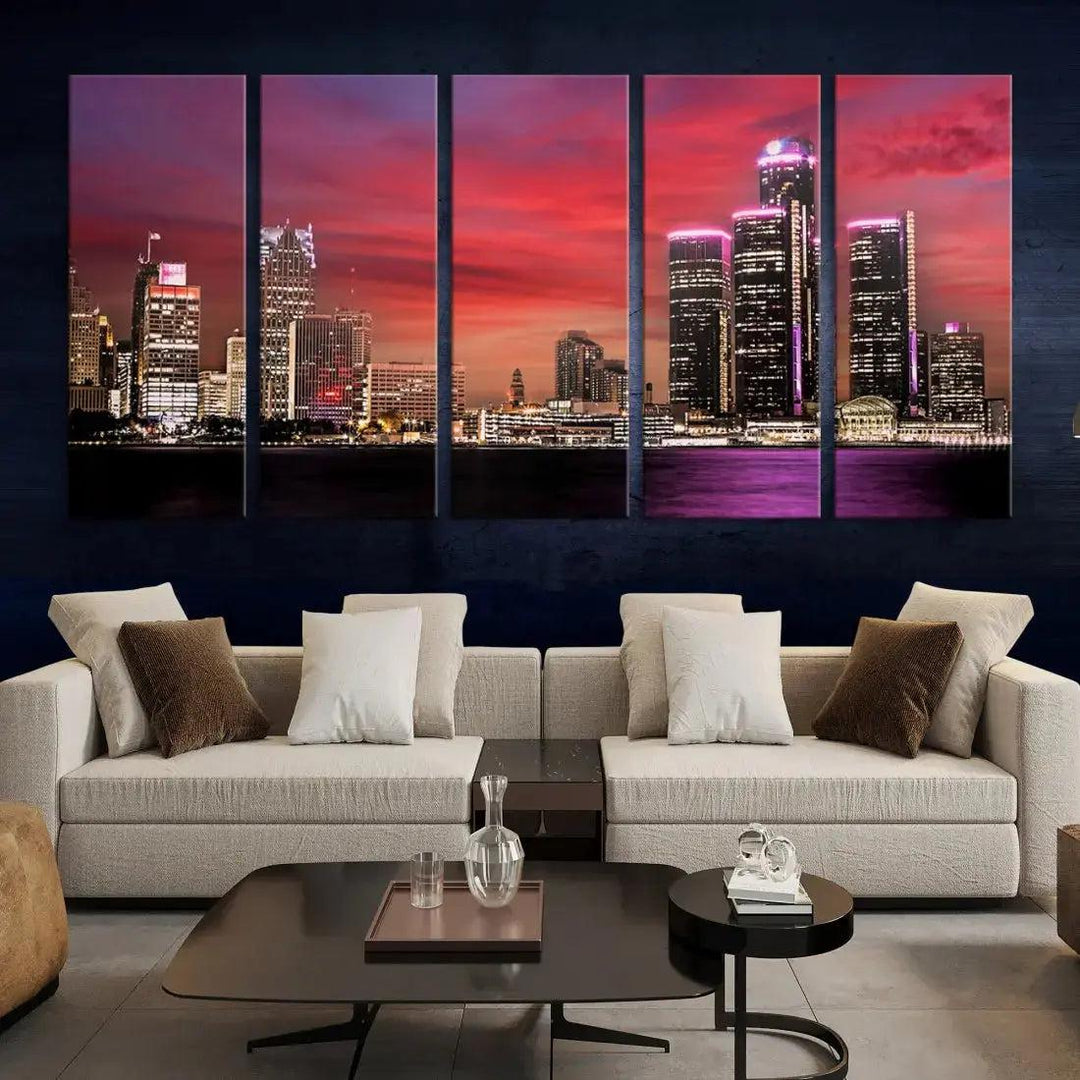 Detroit Red Purple Sky Sunset Skyline Cityscape Wall Art Canvas Print