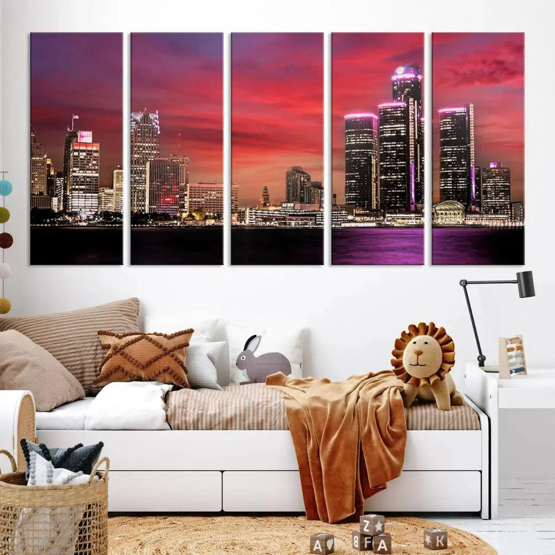 Detroit Red Purple Sky Sunset Skyline Cityscape Wall Art Canvas Print