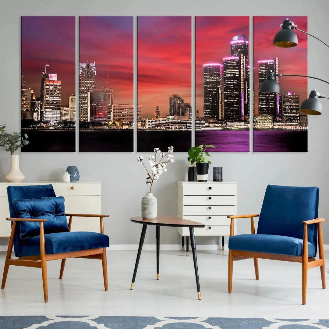 Detroit Red Purple Sky Sunset Skyline Cityscape Wall Art Canvas Print