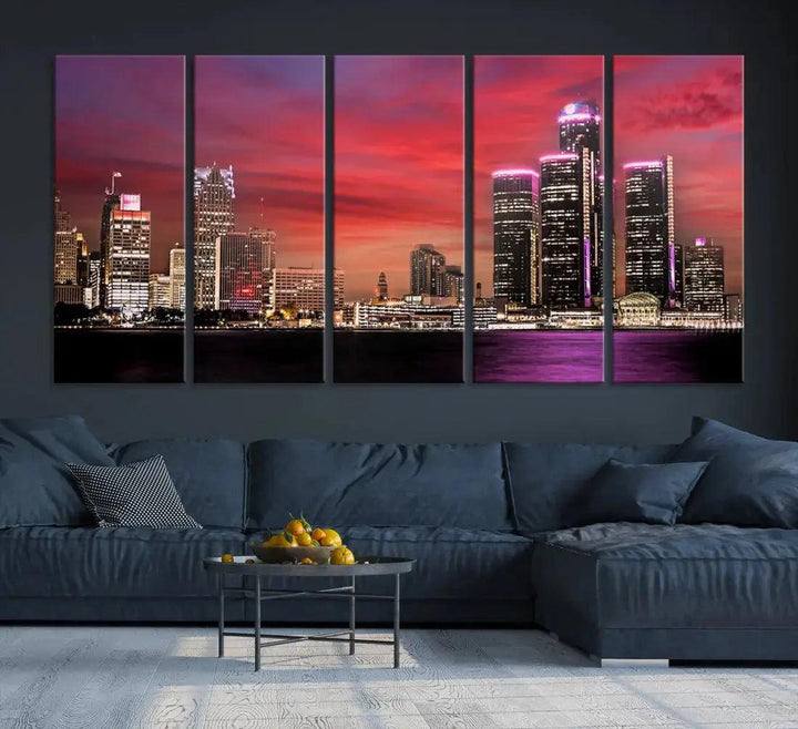 Detroit Red Purple Sky Sunset Skyline Cityscape Wall Art Canvas Print