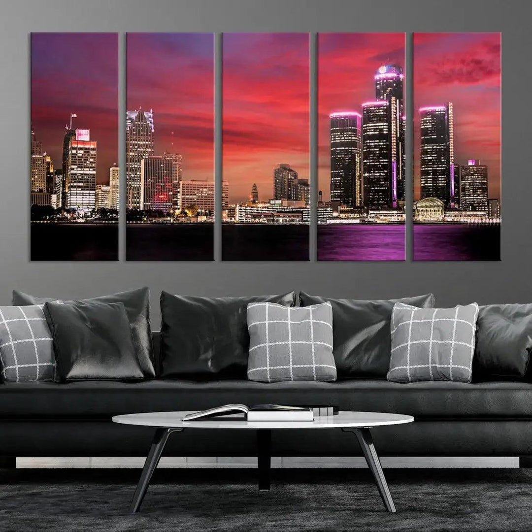 Detroit Red Purple Sky Sunset Skyline Cityscape Wall Art Canvas Print