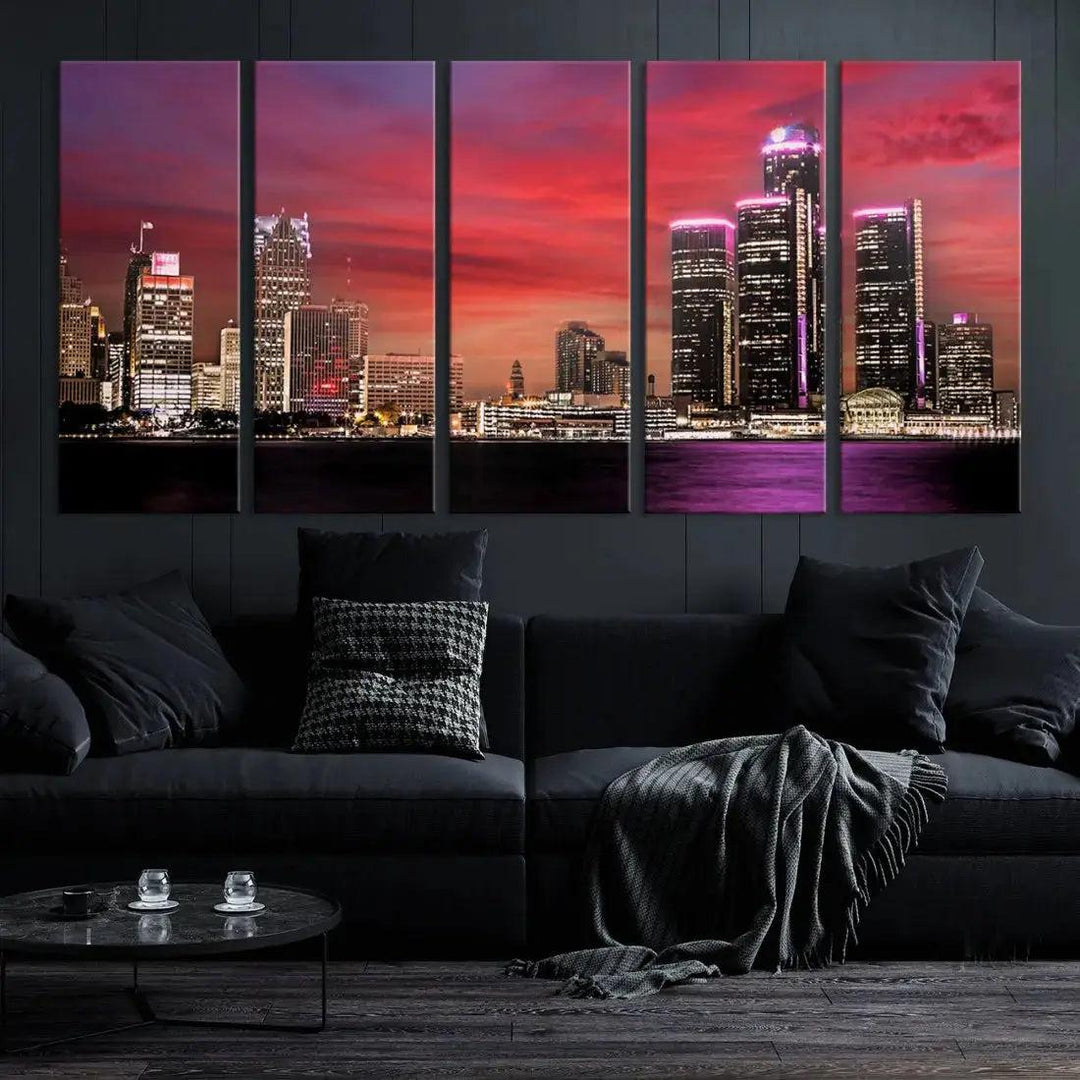 Detroit Red Purple Sky Sunset Skyline Cityscape Wall Art Canvas Print